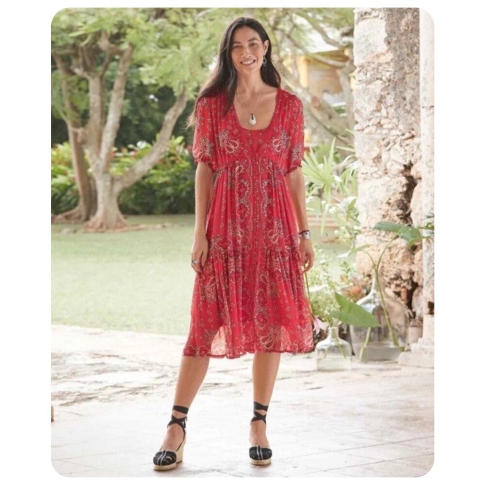 Sundance Red Short Sleeve Brieia Bandana Western Print Sheer Dress